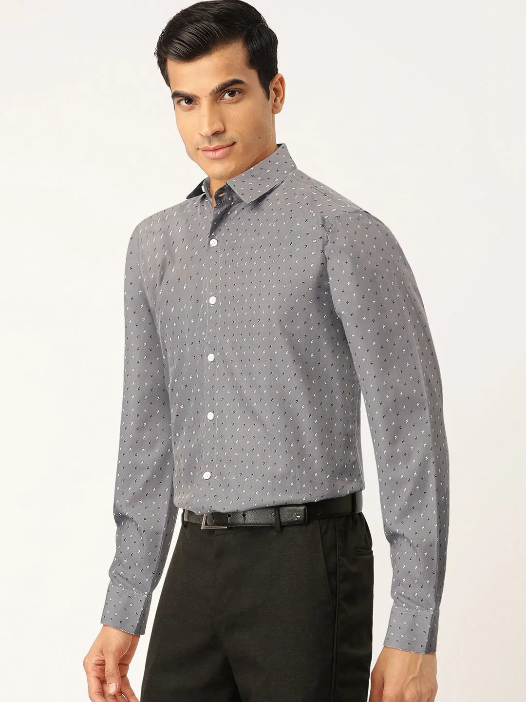 Jashvi Grey Men's Cotton Printed Formal Shirts