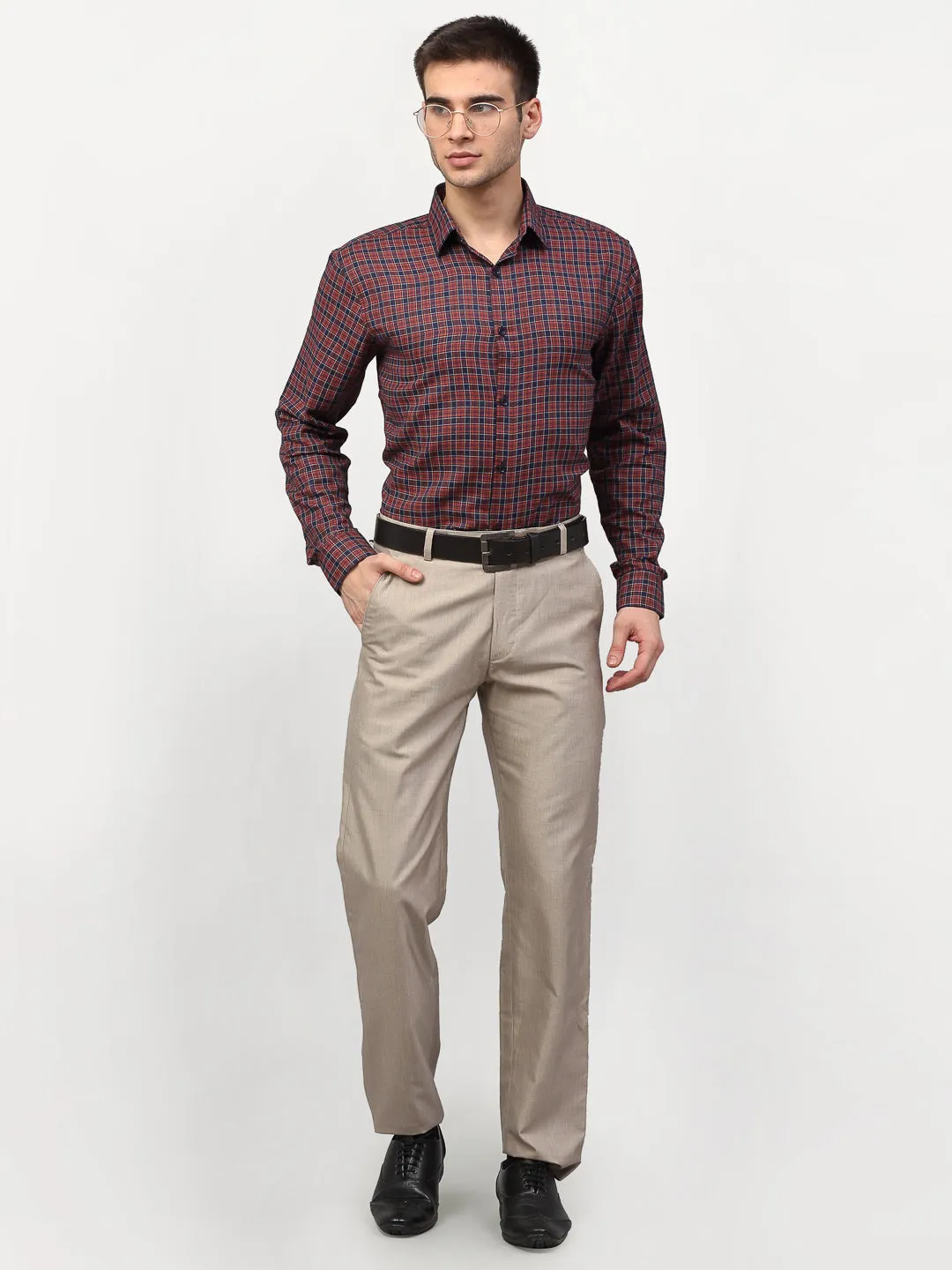 Jashvi Maroon Men's Checked Formal Shirts