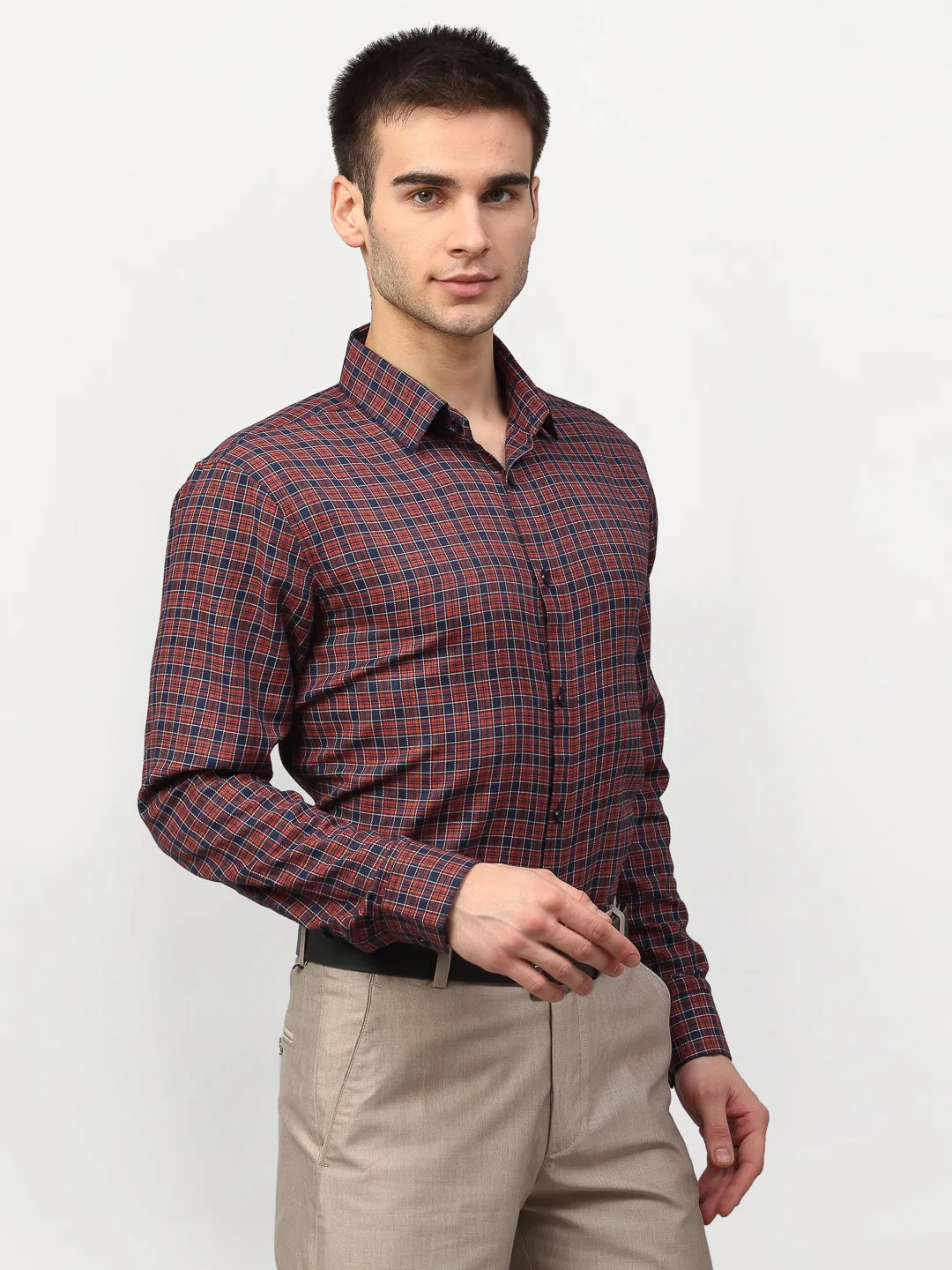 Jashvi Maroon Men's Checked Formal Shirts