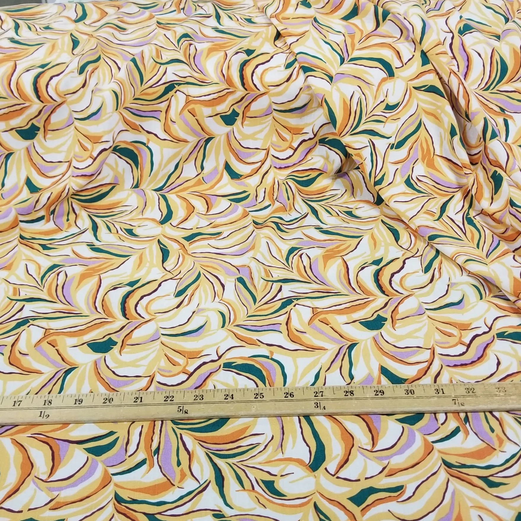 Kahlo Textured Slub Rayon Cream Orange and Green Abstract Resort Wear Print Woven - by the yard