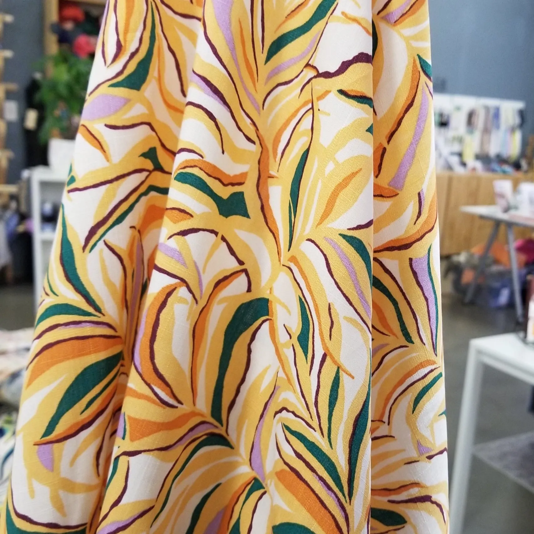 Kahlo Textured Slub Rayon Cream Orange and Green Abstract Resort Wear Print Woven - by the yard