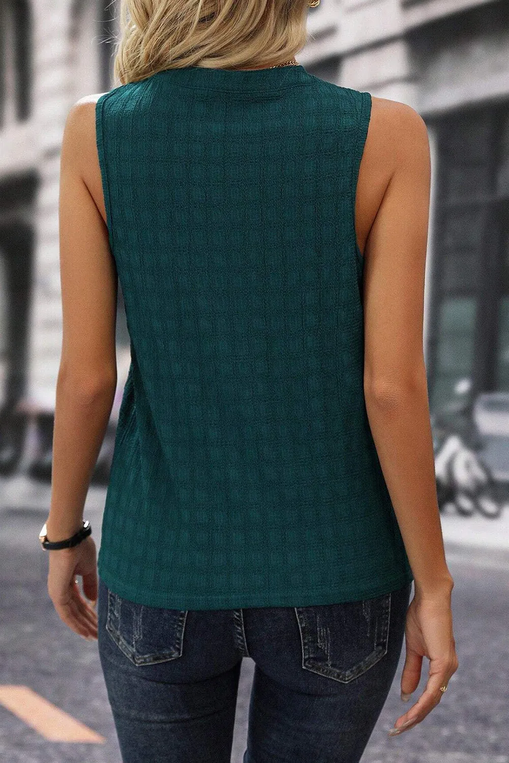 Light Beige Textured Split V Neck Sleeveless Shirt