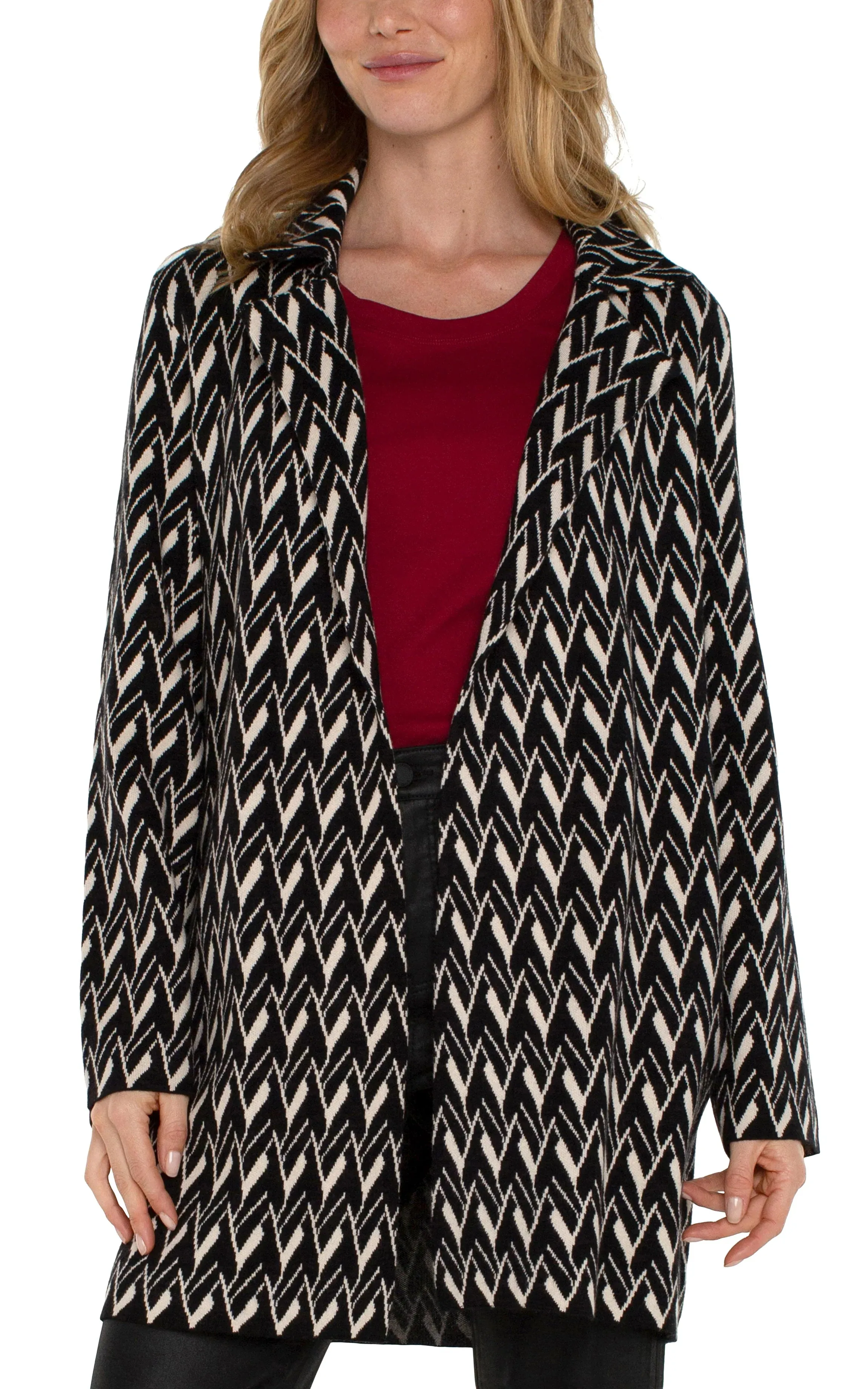 Liverpool: Long Sleeve Open Front Sweater Coat in Black & Cream Chevron