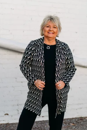 Liverpool: Long Sleeve Open Front Sweater Coat in Black & Cream Chevron