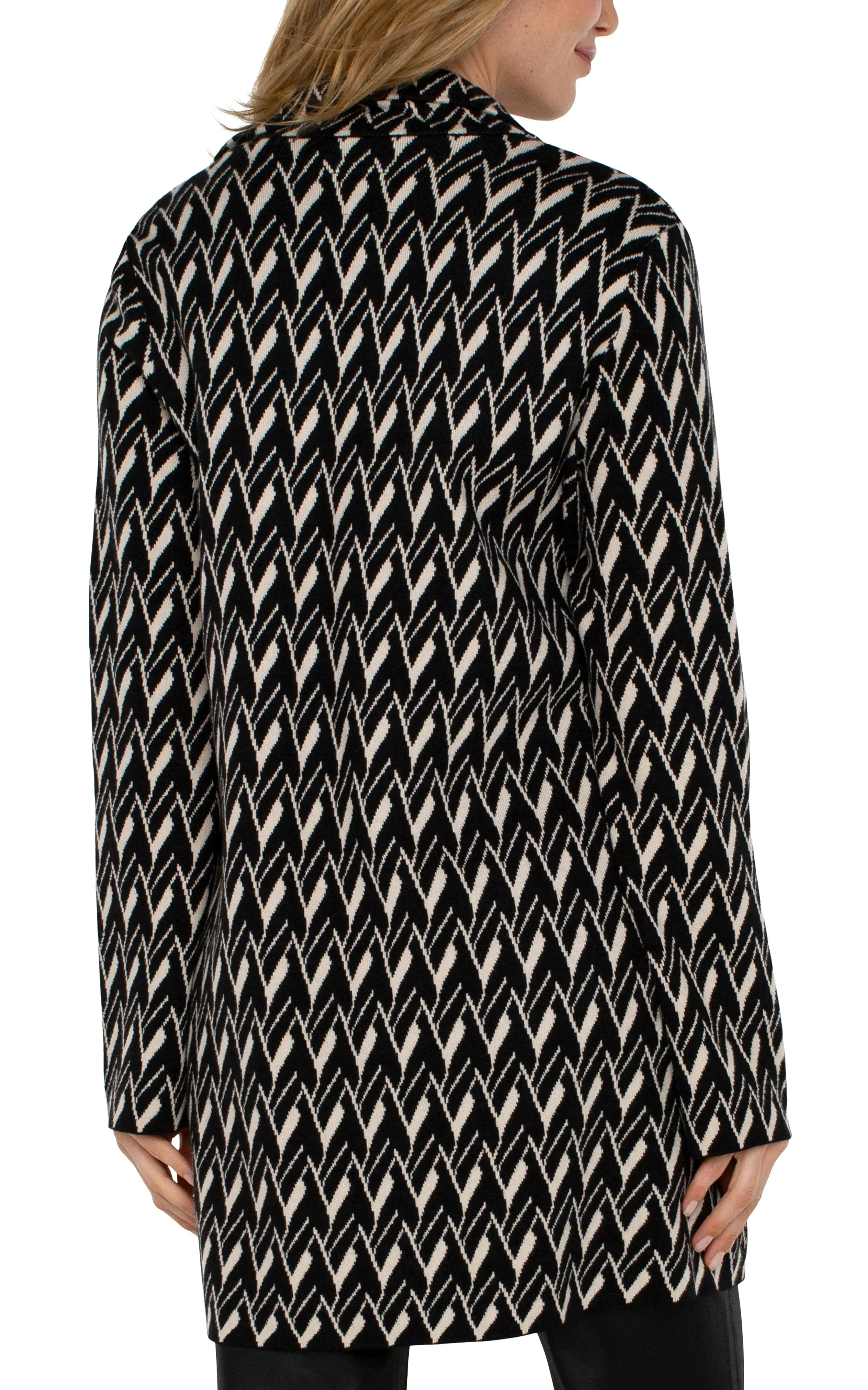 Liverpool: Long Sleeve Open Front Sweater Coat in Black & Cream Chevron