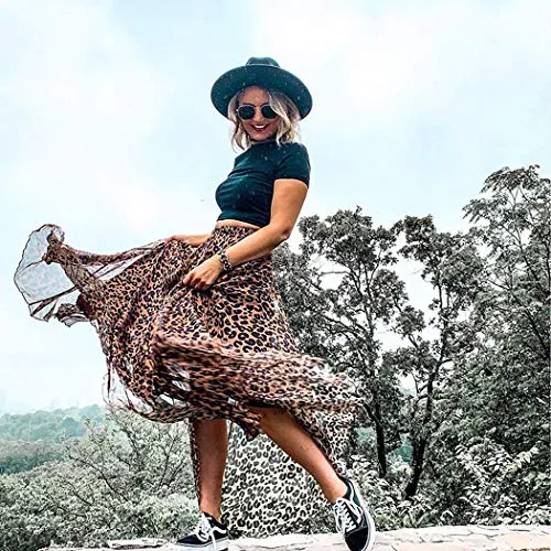 L'VOW Elastic High Waisted Leopard Print Skirts for Women, Casual Drawstring Pleated Maxi Dress Skirt (AB-Brown, M)