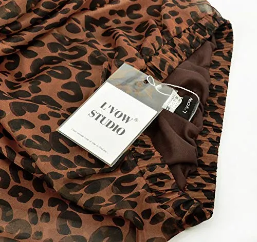 L'VOW Elastic High Waisted Leopard Print Skirts for Women, Casual Drawstring Pleated Maxi Dress Skirt (AB-Brown, M)