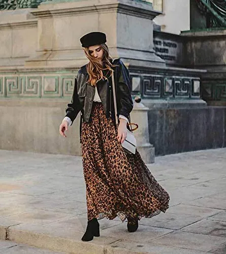 L'VOW Elastic High Waisted Leopard Print Skirts for Women, Casual Drawstring Pleated Maxi Dress Skirt (AB-Brown, M)