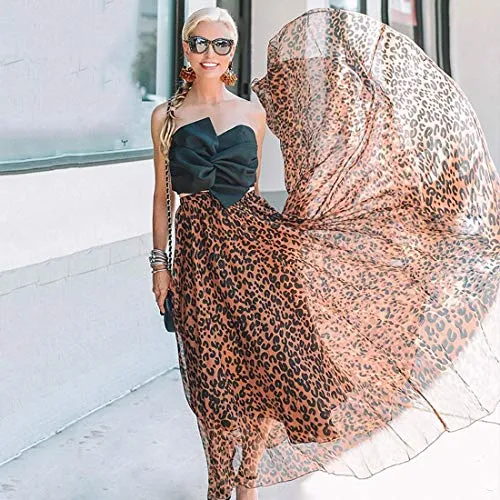 L'VOW Elastic High Waisted Leopard Print Skirts for Women, Casual Drawstring Pleated Maxi Dress Skirt (AB-Brown, M)