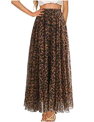 L'VOW Elastic High Waisted Leopard Print Skirts for Women, Casual Drawstring Pleated Maxi Dress Skirt (AB-Brown, M)