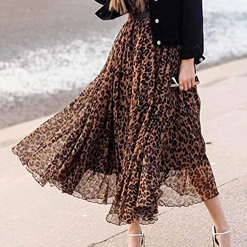 L'VOW Elastic High Waisted Leopard Print Skirts for Women, Casual Drawstring Pleated Maxi Dress Skirt (AB-Brown, M)