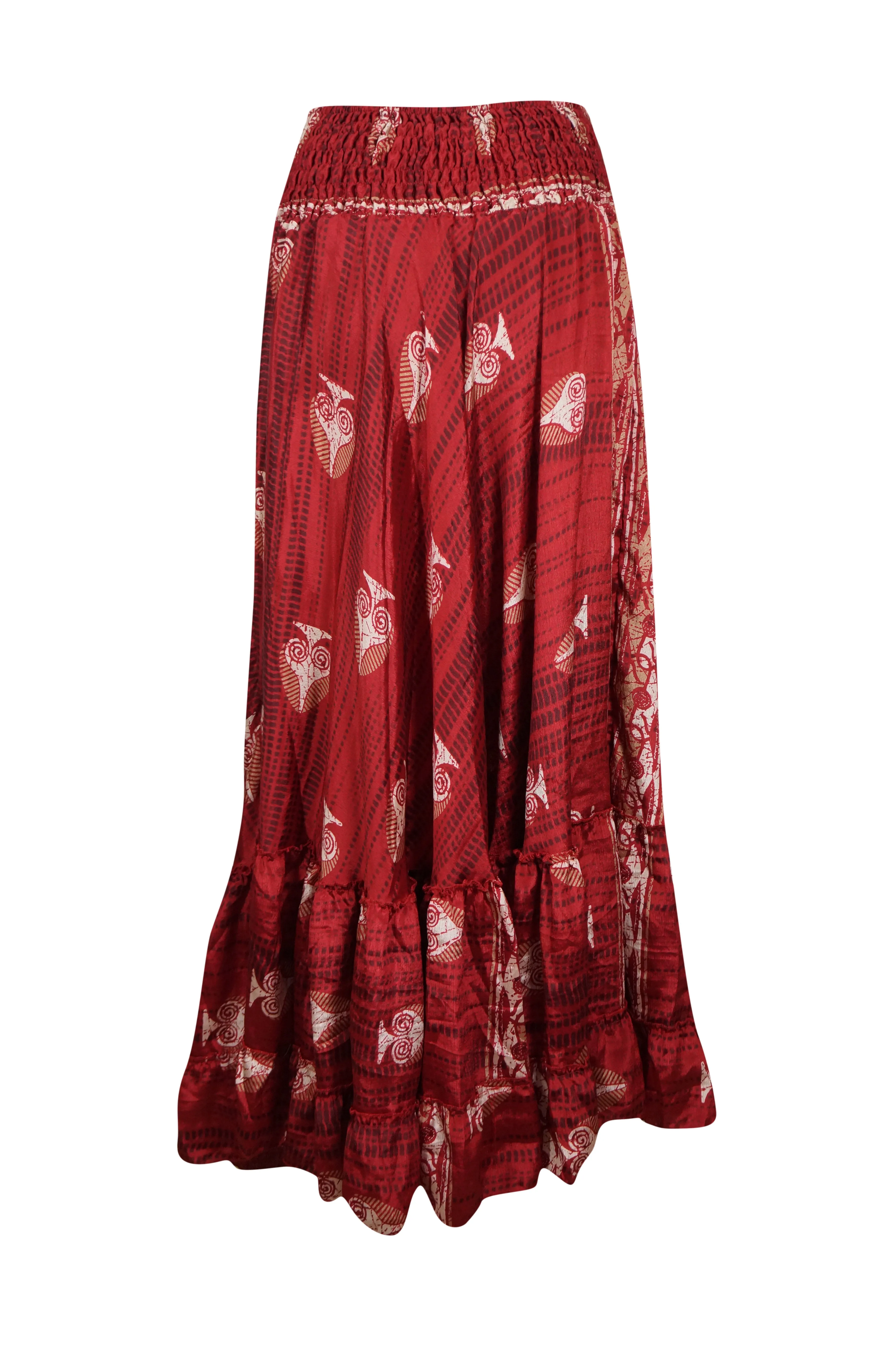 Maxi Skirts for Women Brick Red Floral Beach Skirt Tiered Ruffle Boho Skirt ML