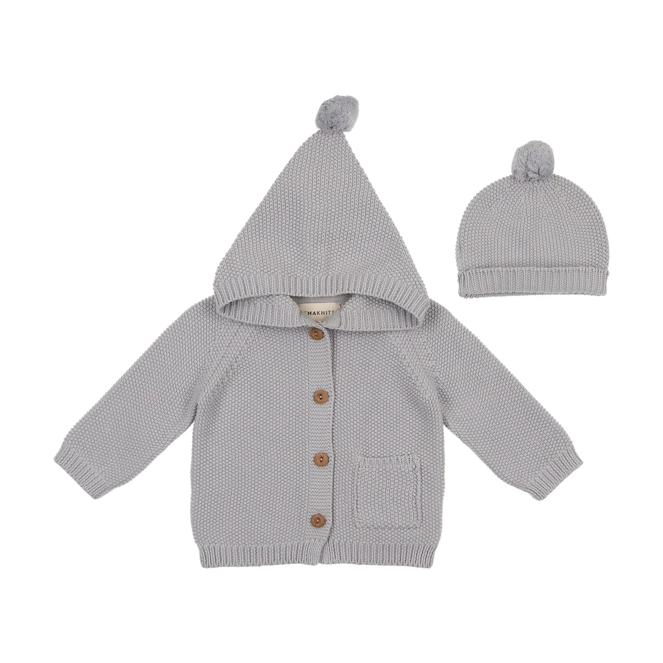Mema Knits Light Blue Hooded Knit Sweater   Beanie (M324)