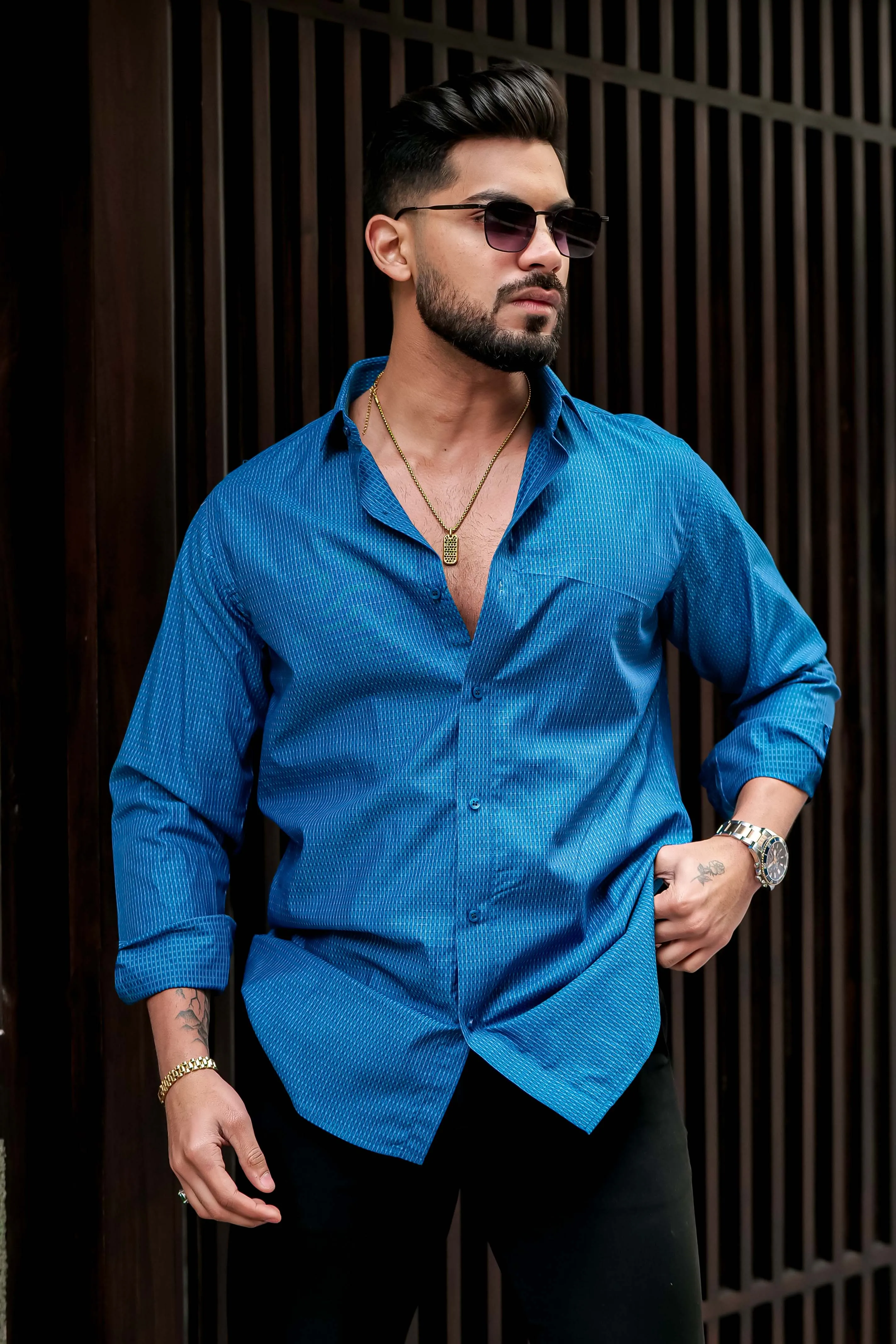 MEN BLUE STRIPE PRINTED SHIRT