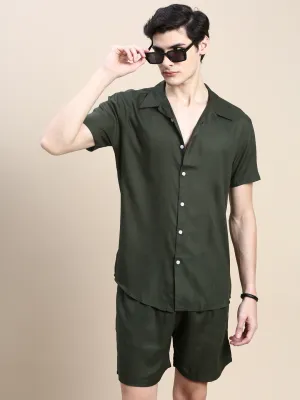 Men Green Shirt Collar Slim Fit Co-Ords Set