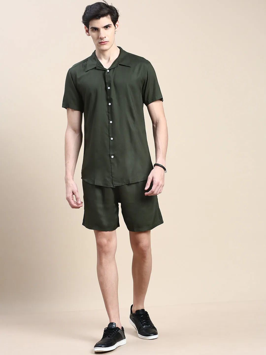 Men Green Shirt Collar Slim Fit Co-Ords Set