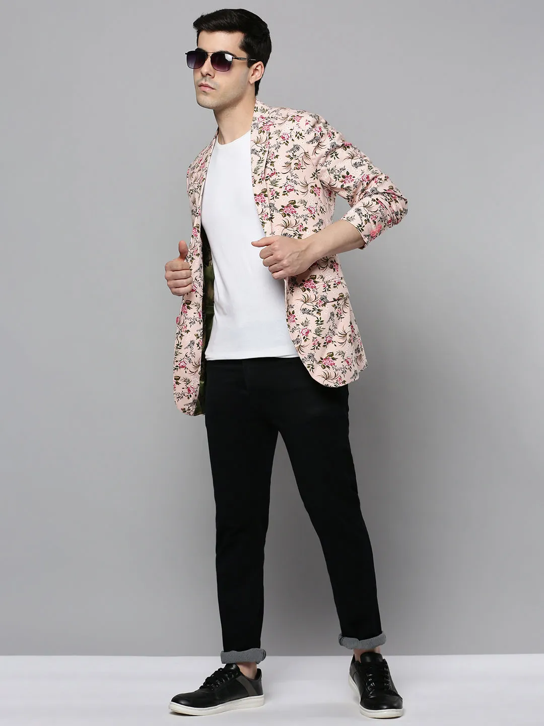 Men Peach Floral Printed Slim-Fit Single-Breasted Blazer
