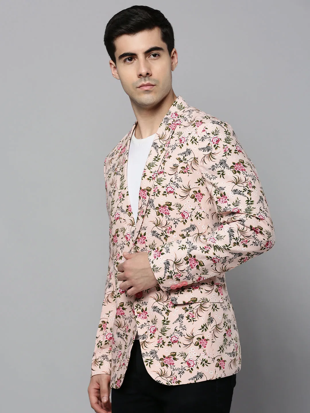Men Peach Floral Printed Slim-Fit Single-Breasted Blazer