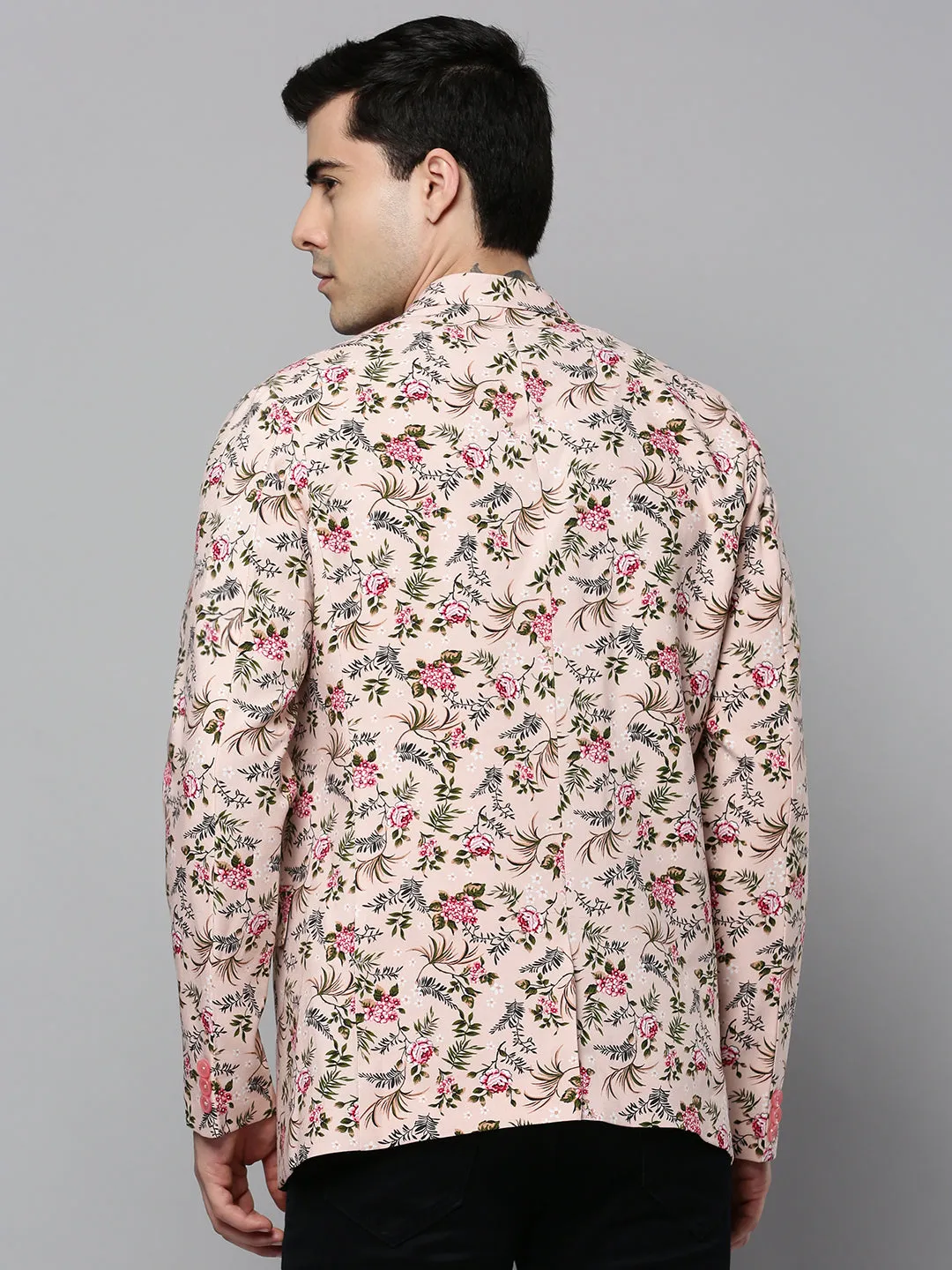 Men Peach Floral Printed Slim-Fit Single-Breasted Blazer