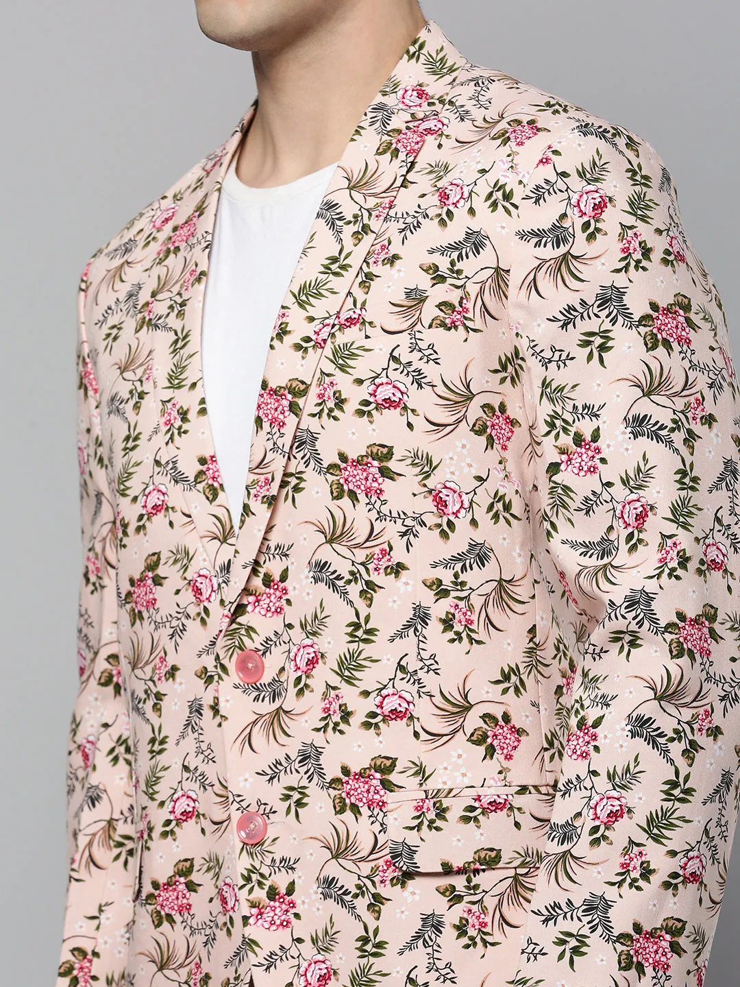 Men Peach Floral Printed Slim-Fit Single-Breasted Blazer