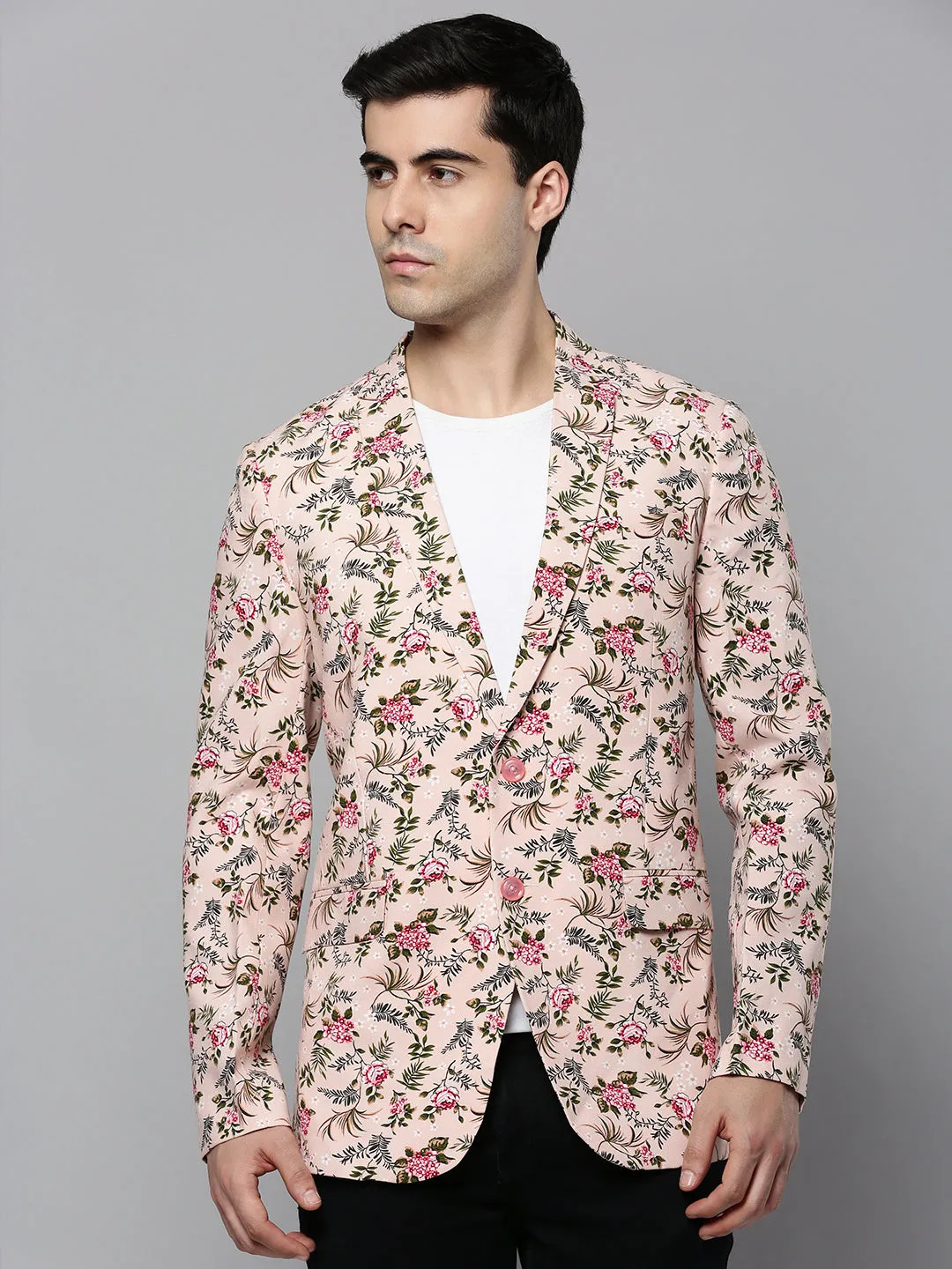 Men Peach Floral Printed Slim-Fit Single-Breasted Blazer