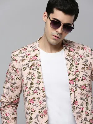 Men Peach Floral Printed Slim-Fit Single-Breasted Blazer
