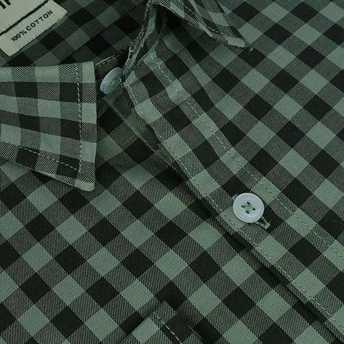 Men's 100% Cotton Gingham Checkered Full Sleeves Shirt (Olive)