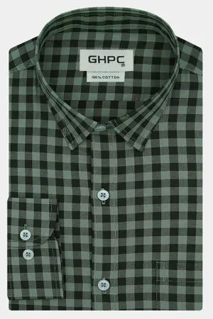 Men's 100% Cotton Gingham Checkered Full Sleeves Shirt (Olive)