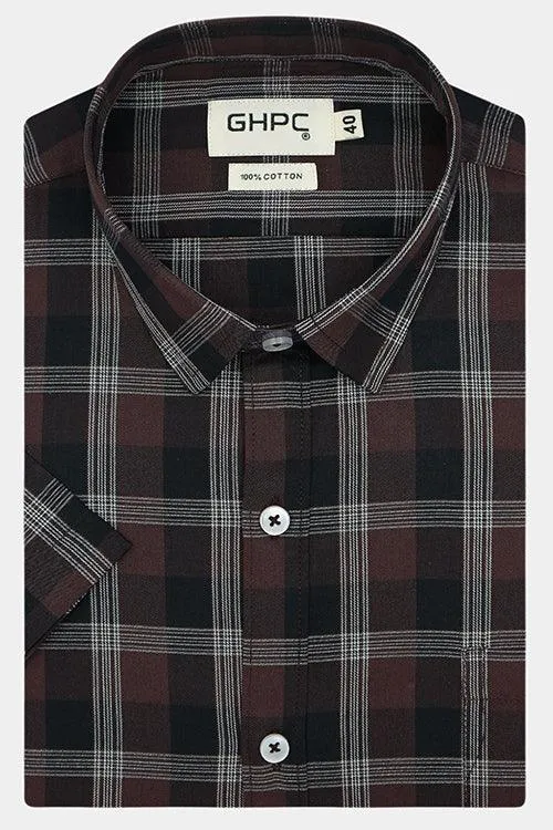 Men's 100% Cotton Grid Tattersall Checkered Half Sleeves Shirt (Brown)