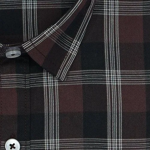 Men's 100% Cotton Grid Tattersall Checkered Half Sleeves Shirt (Brown)