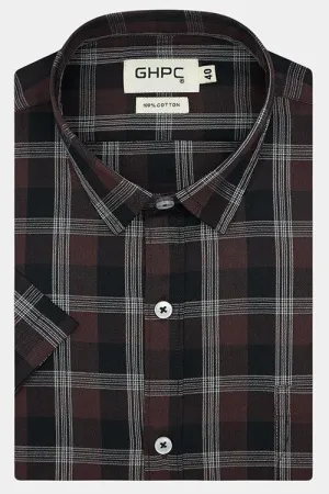Men's 100% Cotton Grid Tattersall Checkered Half Sleeves Shirt (Brown)