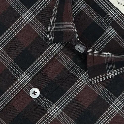 Men's 100% Cotton Grid Tattersall Checkered Half Sleeves Shirt (Brown)