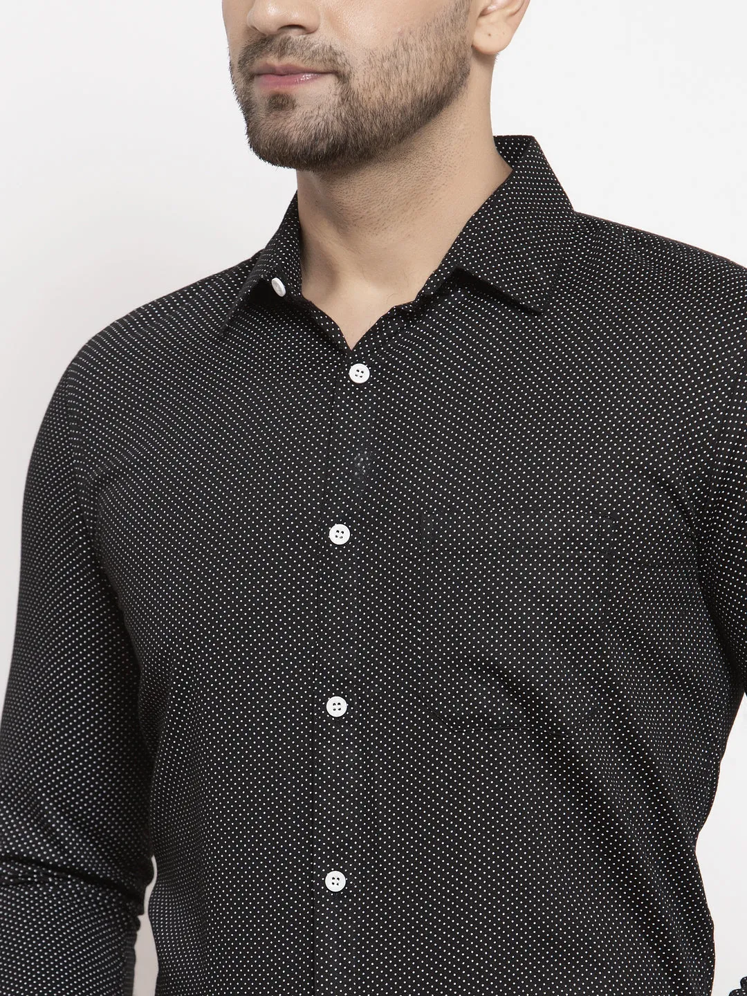 Men's Black Cotton Polka Dots Formal Shirts ( SF 736Black ) - Jainish
