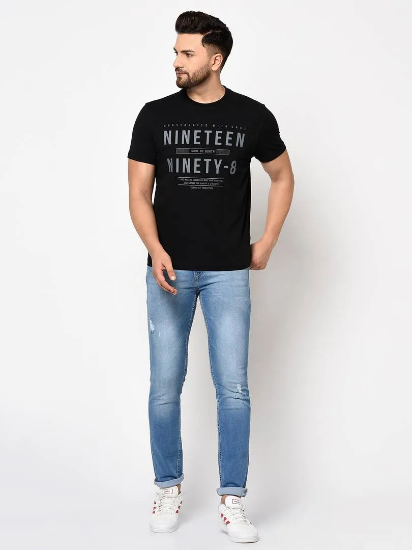 Men's Black Printed Cotton Round Neck Tees