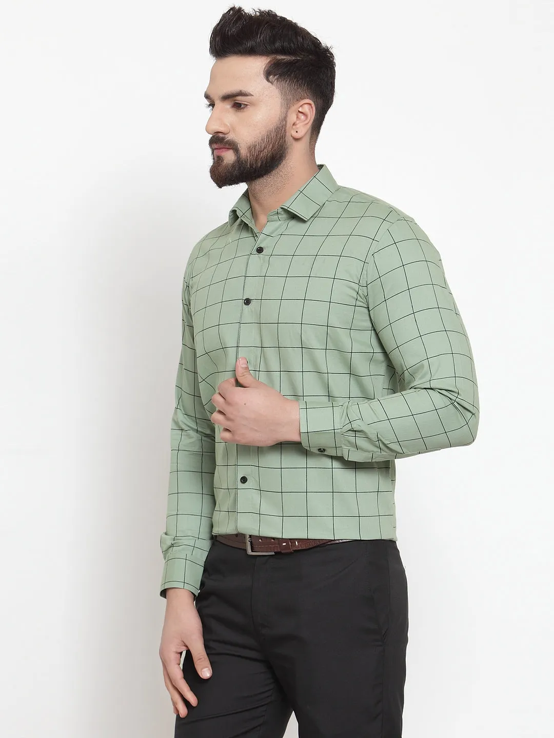 Men's Green Cotton Checked Formal Shirts ( SF 742Pista ) - Jainish