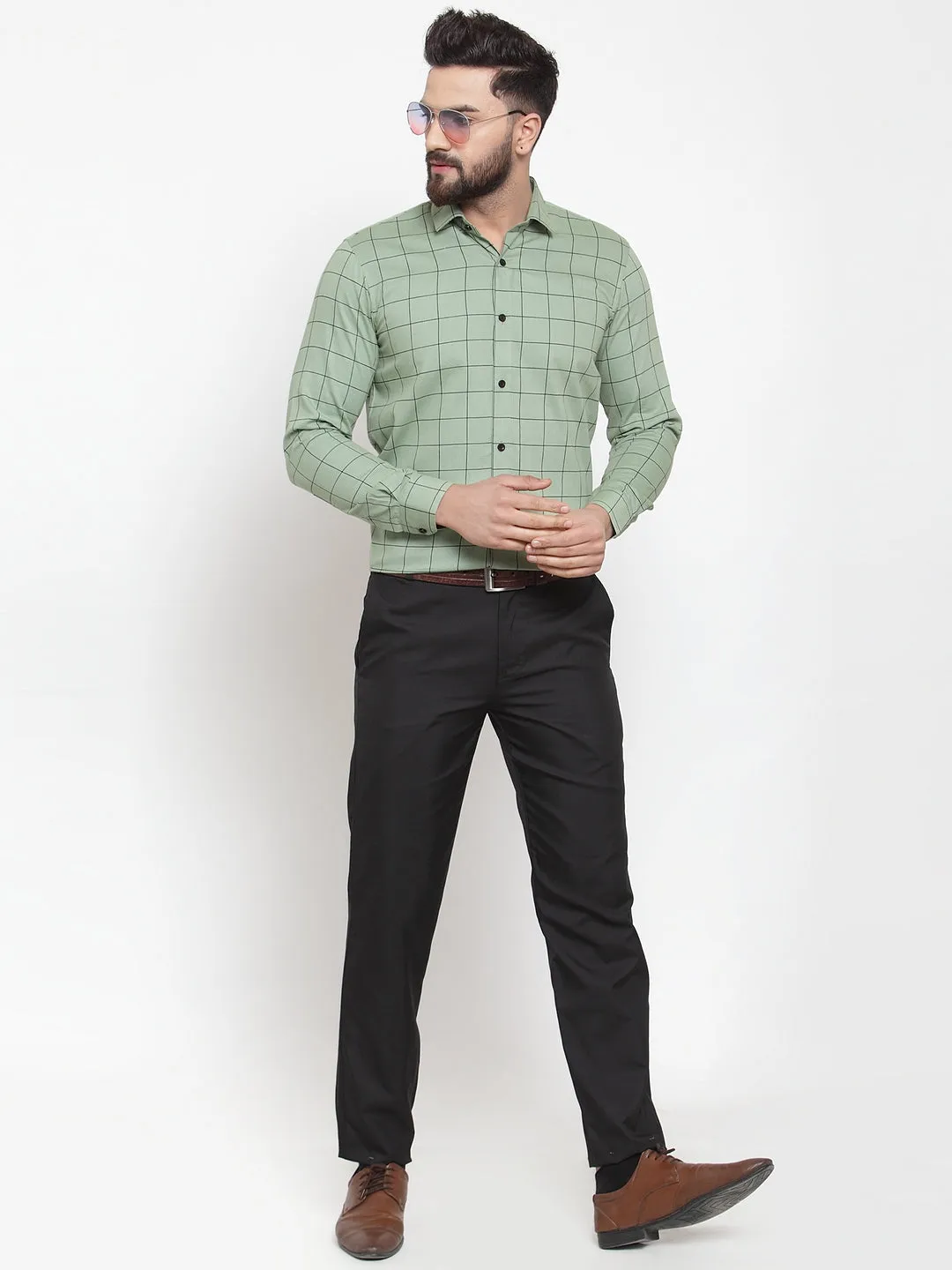 Men's Green Cotton Checked Formal Shirts ( SF 742Pista ) - Jainish