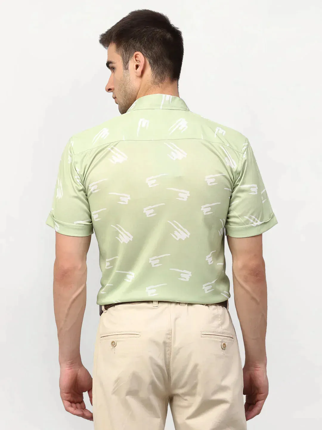 Men's Green Printed Lycra Half Sleeves Formal Shirts - Taantav