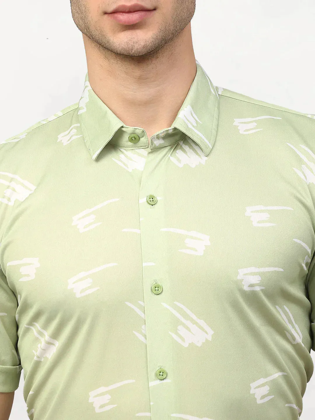 Men's Green Printed Lycra Half Sleeves Formal Shirts - Taantav