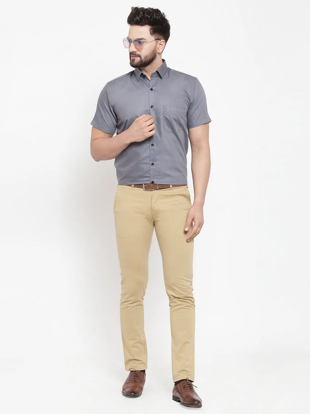 Men's Grey Cotton Half Sleeves Solid Formal Shirts ( SF 754Grey ) - Jainish