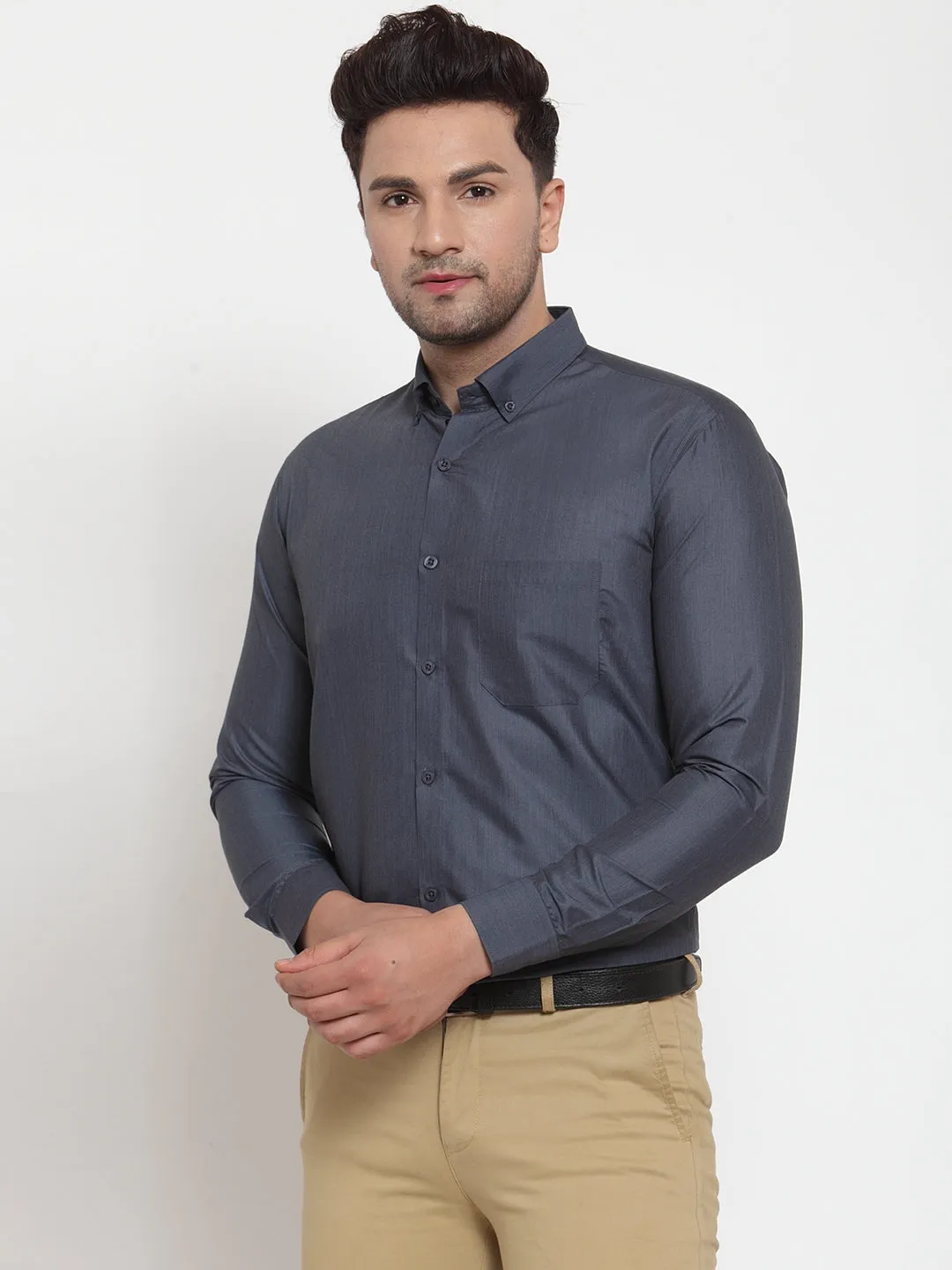 Men's Grey Cotton Solid Button Down Formal Shirts ( SF 713Grey ) - Jainish