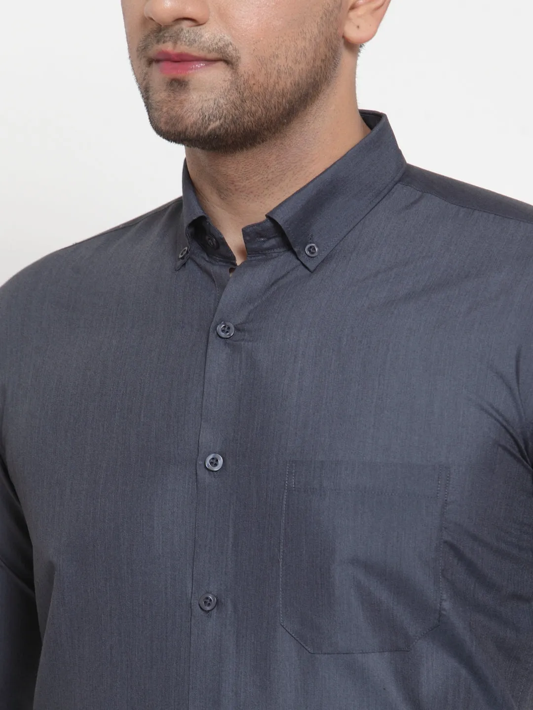 Men's Grey Cotton Solid Button Down Formal Shirts ( SF 713Grey ) - Jainish