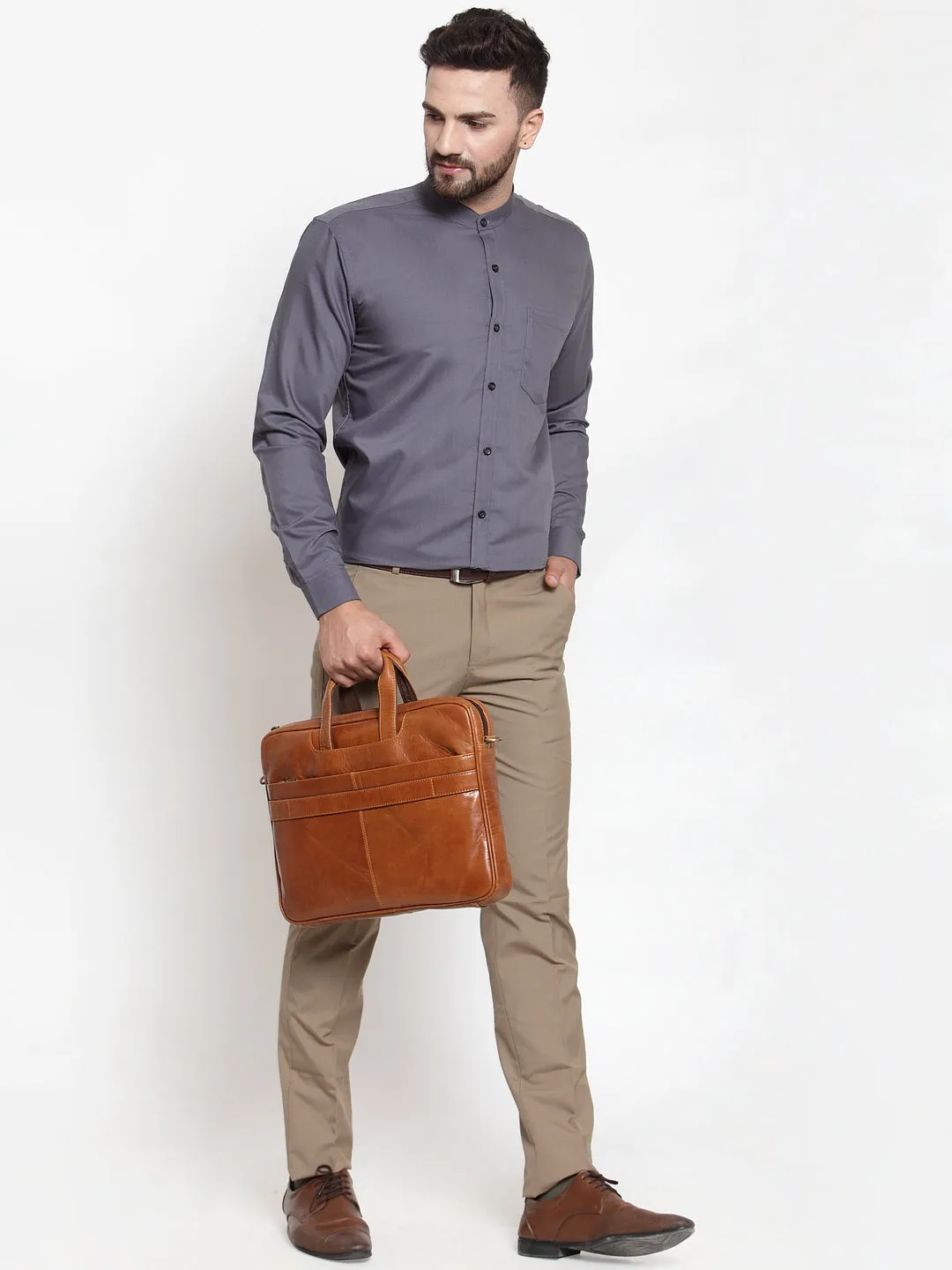 Men's Grey Cotton Solid Mandarin Collar Formal Shirts ( SF 726Grey ) - Jainish