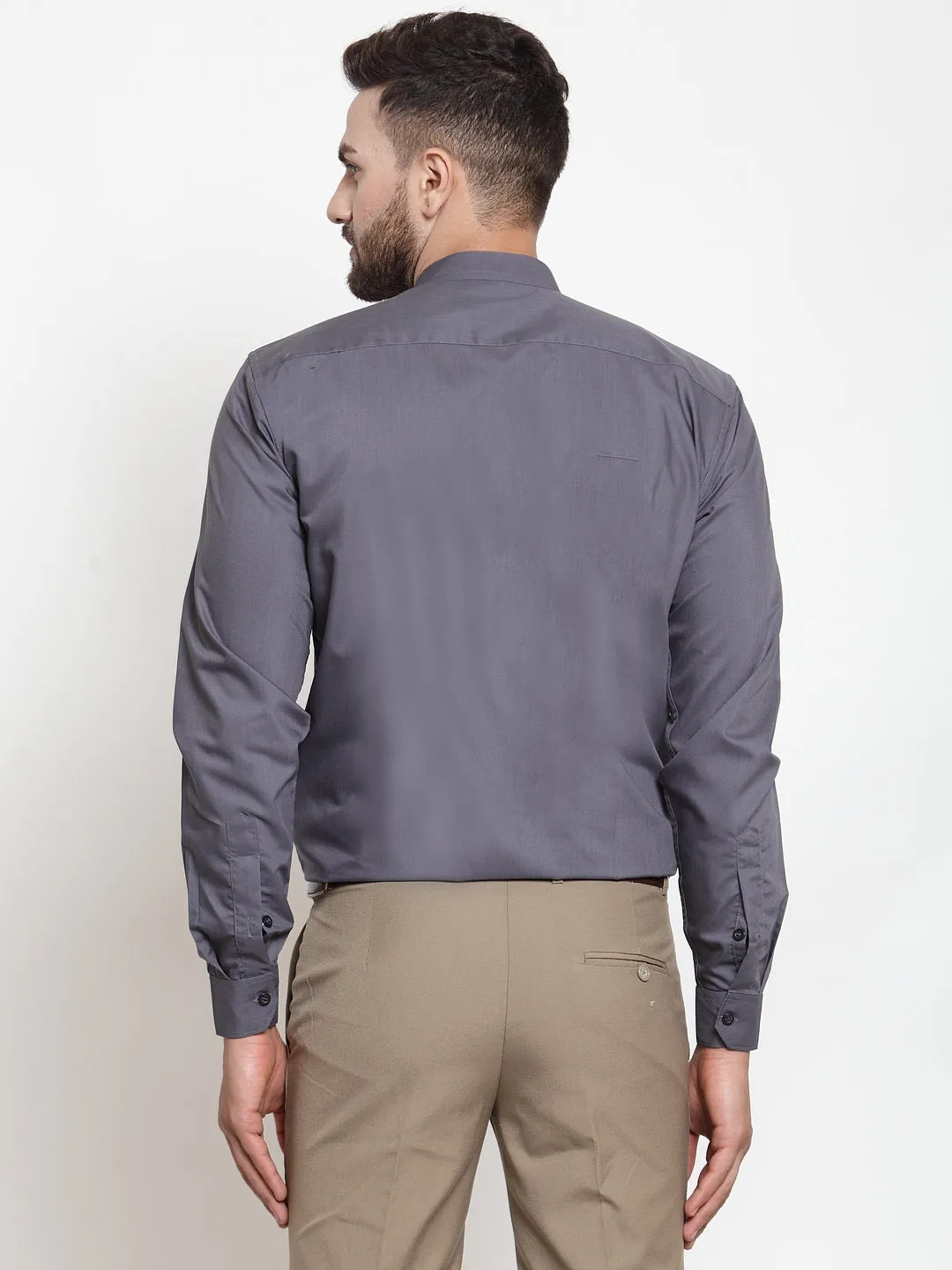 Men's Grey Cotton Solid Mandarin Collar Formal Shirts ( SF 726Grey ) - Jainish