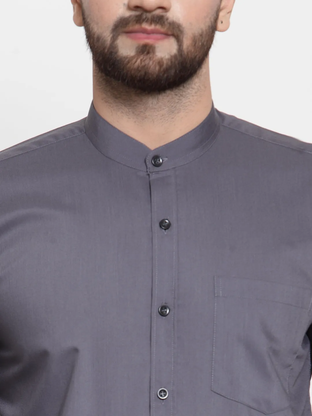 Men's Grey Cotton Solid Mandarin Collar Formal Shirts ( SF 726Grey ) - Jainish
