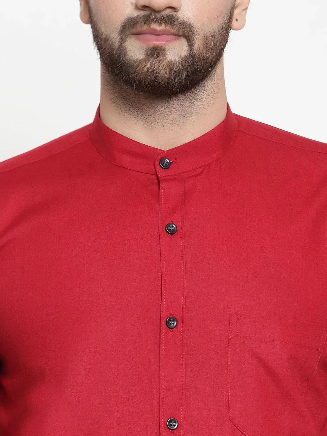 Men's Maroon Cotton Solid Mandarin Collar Formal Shirts - Taantav