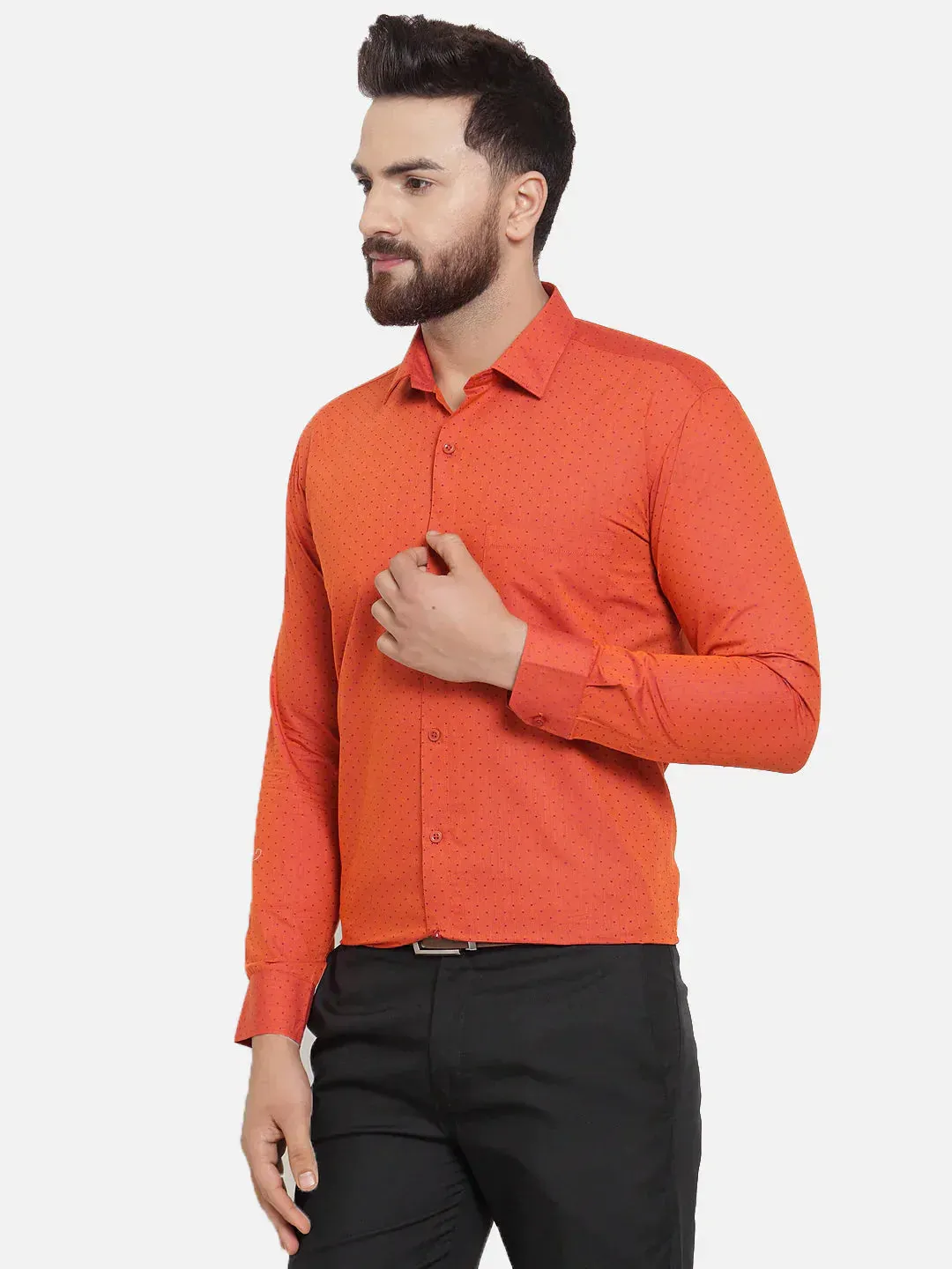 Men's Orange Cotton Polka Dots Formal Shirts - Taantav