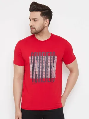 Men's Red Printed Cotton Round Neck Tees