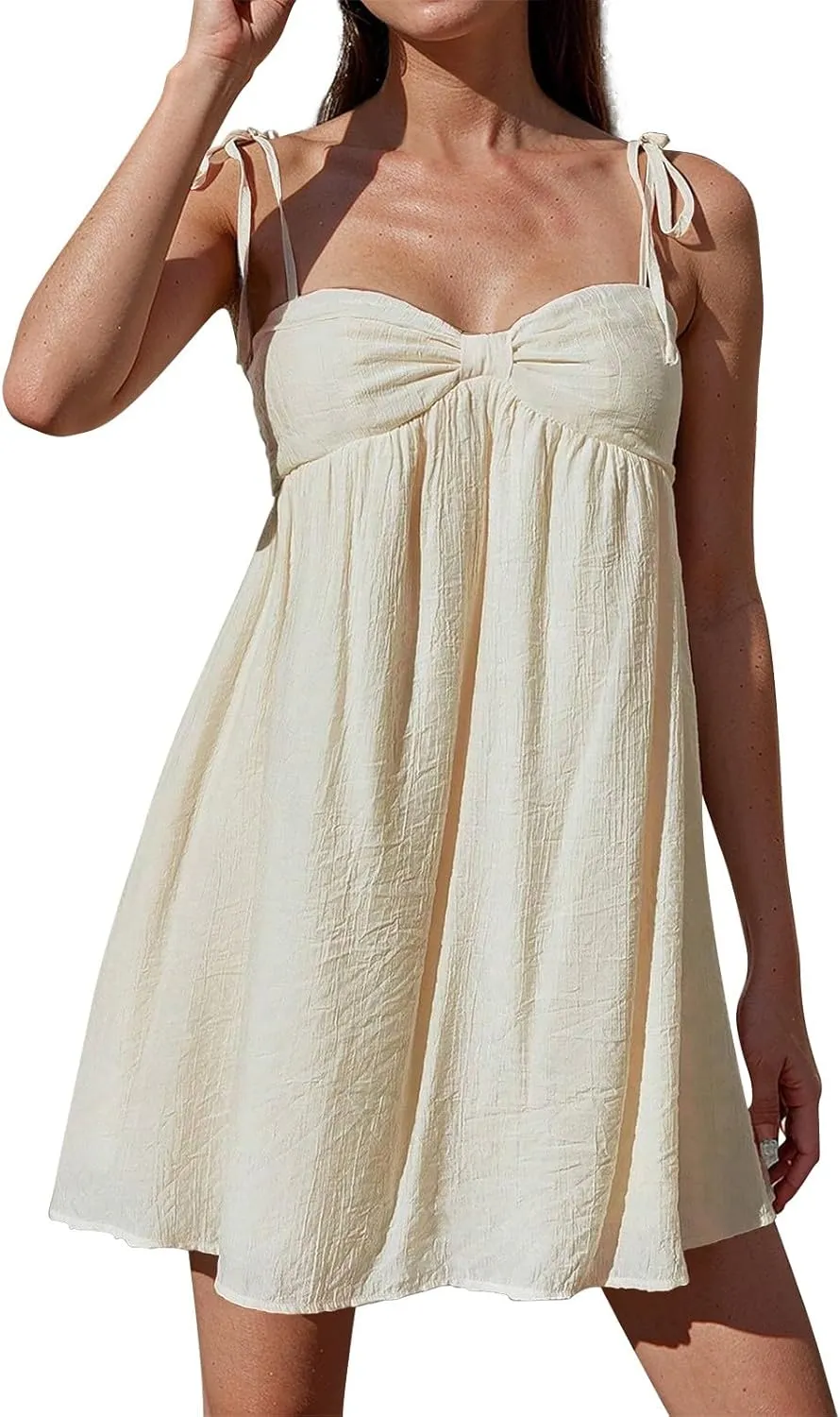 Mini Sundresses for Women 2025 Vacation Spaghetti Strap Loose Bow Babydoll Dress Casual Summer Flowy Beach Sun Dress