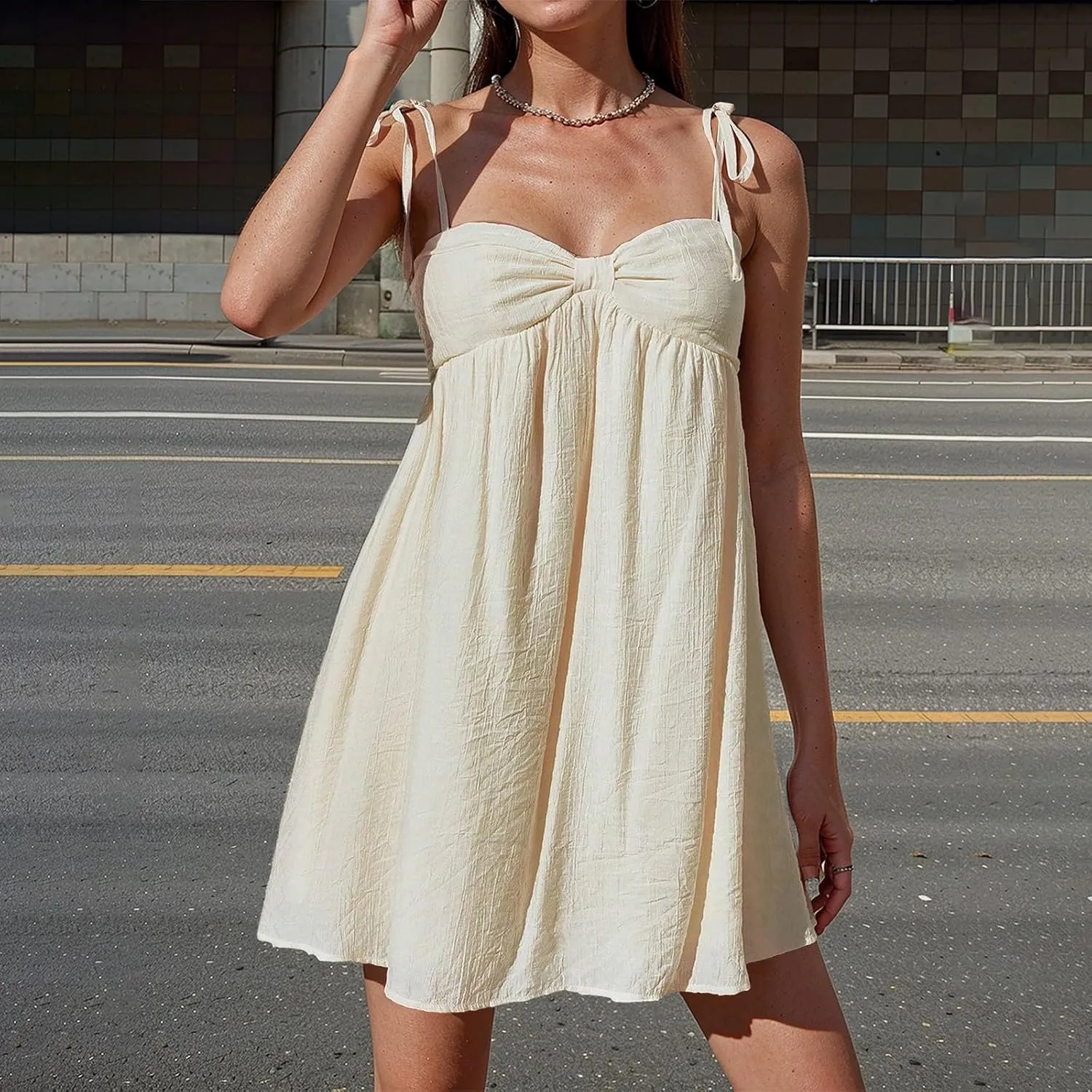 Mini Sundresses for Women 2025 Vacation Spaghetti Strap Loose Bow Babydoll Dress Casual Summer Flowy Beach Sun Dress