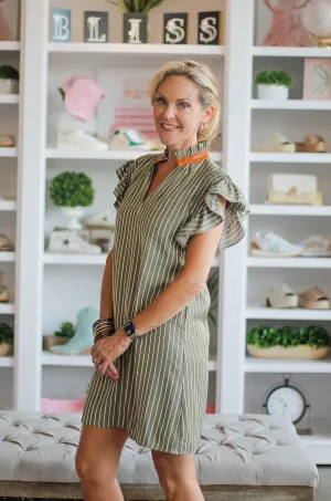 Olive & Cream Striped Flutter Sleeve Dress